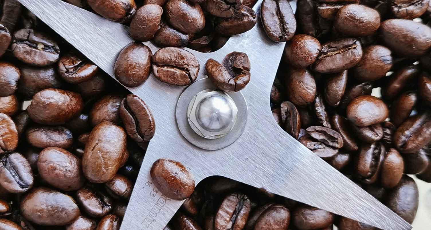 Whole bean coffee in a grinder