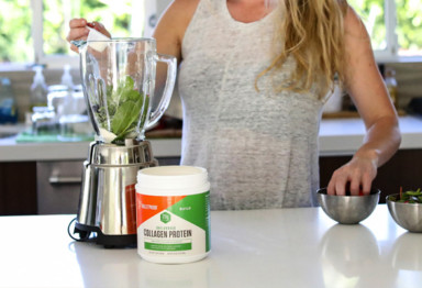 Woman making smoothie with Collagen Protein